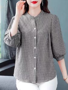 HUAXUNRAN | Áo Sơ Mi Caro Cotton Tay 3/4
