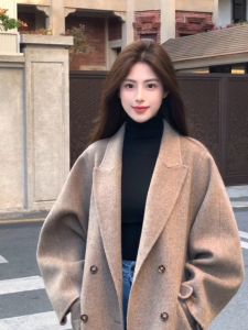 Áo Khoác Len Nữ Chất Lượng Cao Thời Trang Thu Đông Mới Cỡ Nhỏ Dài Tay Nút Đôi Áo Khoác Ngoài Chất Lượng Cao