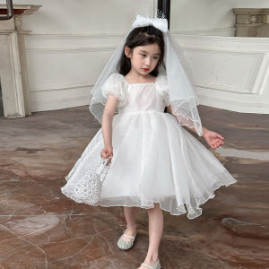 Bé Gái Mùa Hè Mới Trắng Đầm Váy Với Mạng Che Mặt Hiệu Suất Công Chúa Đầm Đám Cưới Thời Trang Mẫu Giáo Dài Đầm