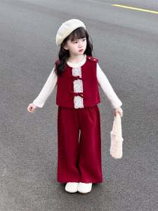 Thickened Fleece Hoodie Set for Girls New Year Visiting Clothes Casual Cotton Autumn Winter Childrens Clothing Three-Piece Set