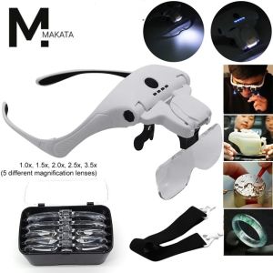 Magnifying Glass LED Light Head Loupe Jeweler Watch Bright Magnifier with 5 Lens