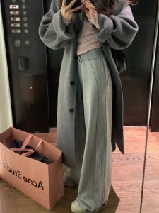 กางเกงวอร์มทรงตรงสีเทาสำหรับผู้หญิงเอวสูง กางเกงขายาวลำลอง กางเกงกีฬา ทรงหลวม ทรงสลิมฟิต ทรงยาว สไตล์เกาหลี
