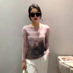 AMMIN 2024 Autumn new simple round neck fashion positioning plant flower print large size long sleeve T-shirt woman Korean style vintage elegant blouse
