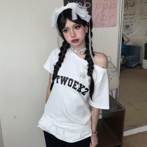 Retro American Shoulder T-Shirt Womens Summer Letter Print White Loose Spicy Shoulder Top Cotton Creative Commute Style