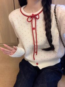 Red Polka Dot Short Knitted Sweater Coat Womens Autumn Winter New Korean Style Small Size Knitted Open Cardigan Top