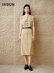 Insun Autumn Workwear Sleeveless Linen Dress Old Money Style H-Line Midi Dress round Neck Short Sleeve Pure Color Dress