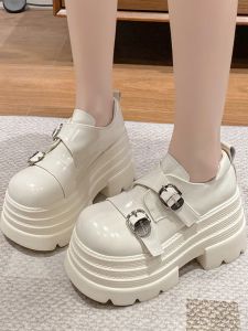 British Style Bright Leather JK Heels Womens Autumn Winter New Thick Heel Belt Buckle Flats Casual Shoes Fashionable Increase Slimming