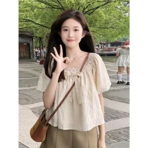 Small French Style Lace Chiffon Shirt Womens Summer Fancy Slimming Puff Sleeve Short Tops Niche Design