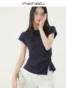 Áo Thun Nữ Tay Ngắn Dáng Ôm Vừa Vặn Thiết Kế Không Đều Kiểu Pháp CHACHASTU Mùa Hè Cổ Tròn Tay Ngắn Cotton 952% Polyester 48%
