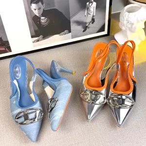 High Heels Wanita Elegan - Sepatu Pesta Hak Tinggi Import Slingback Metallic Silver & Jeans Terbaru Stylish dan Kekinian!