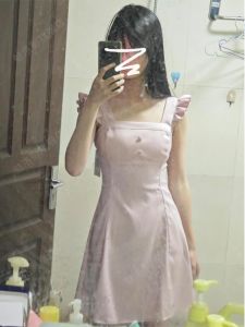 Sweet Korean Style Pink off Shoulder Bridesmaid Dress Womens Spring New Slimming High Waist Short Skirt with Puffy Sleeves