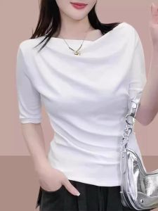 Shoulder Baring Slim Fit Short Sleeve T Shirt Womens Fashion Korean Style Commute Creative Pattern Regular Sleeve Length