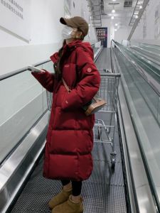 Red down Cotton Jacket Womens Winter Long Thickened Bread Style Coat Korean Loose Fit Zipper Closure Solid Color