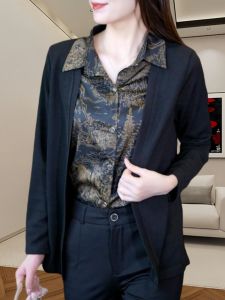 Fashion Long Sleeve Shirt for Women Autumn New Arrival High-End Ice Silk Knit Open Shirt Loose Fit Slimming Faux Two-Piece Top