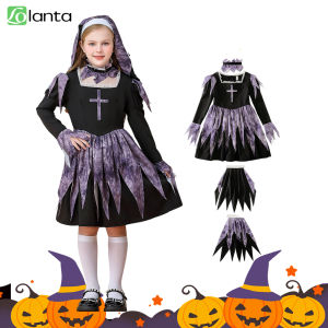 LOlanta ชุดแม่ชี Virgin Mary สำหรับเด็กผู้หญิงชุดสีดำพร้อมผ้าพันคอสร้อยคอคอสเพลย์ฮาโลวีน