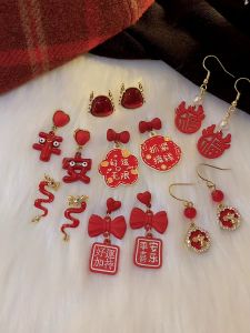Retro Red New Year Earrings for Women Elegant S925 Stud Earrings Christmas Women Drop Earrings