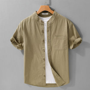 Mens Loose Fit Pure Cotton Short Sleeve Shirt Simple Stand Collar Small Fresh Trend Summer New Style Breathable Casual Shirt