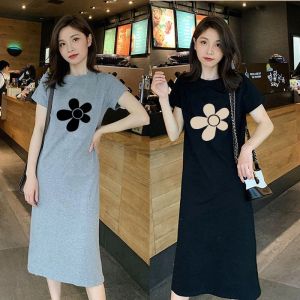 Loose Knee-Length Short-Sleeve T-Shirt Dress Womens Fashion Korean Style Printed A-Line Skirt round Neck Polyester Blend