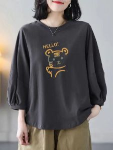 Autumn New Loose Fit round Neck Cotton T-Shirt 7/8 Sleeve Casual Versatile plus Size Pure Cotton Comfortable Womens Top