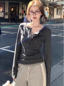 Slim Fit Long Sleeve T-Shirt Womens Base Shirt Inner Wear Top Korean Style Spring New Design V-Neck Button Detail Cotton Blend