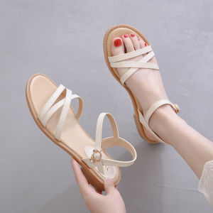 Womens Summer Flat Heel Comfortable Soft Bottom Low Heel Roman Fairy Style Cross Band Sandals Fashionable Versatile Slip-On