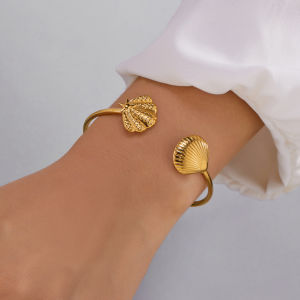 Stainless Steel Ocean Series Wide Cuff Bangle for Women Gold Color Starfish Shell Turtle Conch Open Bracelet Beach Party Jewelry