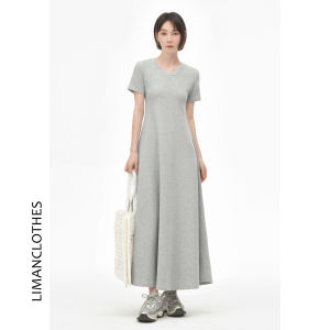 Design Sense Simple Gray Short Sleeve Large Skirt Hemline Womens Mid-long Dress