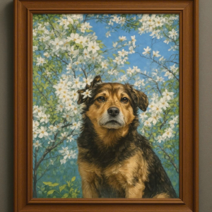 Tranh Nghệ thuật "Chú Chó Nhỏ Và Hoa Mận" VIETSMART ART - Acrylic trên toan vải 45 x 60cm