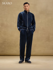 Plush Blue Leisure Suit for Men Fall and Winter Loose Stand-Collar Zipper
