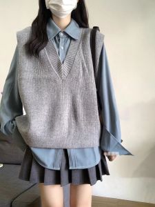 Retro Chic Womens Fashion Set Autumn Knitwear Sweater V-Neck Shirt Ruffled Skirt Three-Piece Set For 18-25 Years