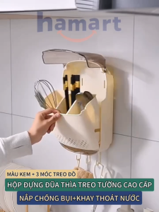 Hộp Đựng Đũa Thìa Treo Tường Có Nắp Đậy Khay Thoát Nước 3 Móc Nhựa Treo Đồ Kèm Miếng Dán Siêu Dính