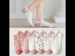 EUNSEO Kaos Kaki Mata Kaki Wanita Fashion Korea Motif Putih Pink Soft Premium
