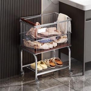 Antique Style Double Layer Clothes Storage Basket Small Cart Rack for Bathroom Laundry Room Household Organizer