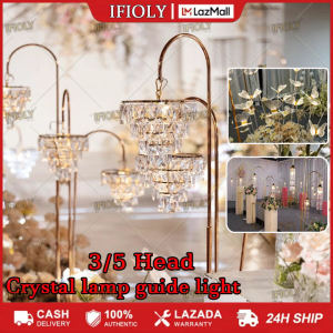 IFIOLY【COD】Wedding props 3 Elegant 3-Headed Gold Crystal Candelabra - Wedding Walkway Stand with LED Lights