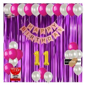 PAKET SET DEKORASI PESTA ULANG TAHUN / BANNER HAPPY BIRTHDAY PINK BALON PUTIH MIX TIRAI UNGU