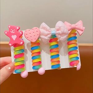 Rainbow Color High Elastic Spiral Hair Rope Baby Girl Pony Tail Tale Rolling Scrunchies Cartoon Colorful