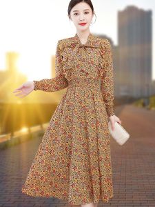 Floral Print Long Sleeve Dress Womens Autumn Fashion 2025 New French Style Chiffon Sash High End Feeling Butterfly Knot Long Skirt