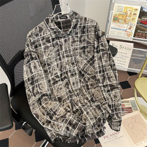 Tie Dye Gingham Shirt Mens Spring & Fall New Hong Kong Style Retro Fashion Brand Stylish Loose Casual Couple Shirt Coat