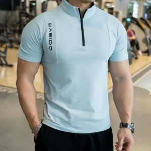 Mens Summer Outdoor Fitness Running Breathable Training Clothes Half Zip Short Sleeve T-Shirt Collar New Model Sportswear