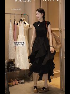 Oajer Flagship Store New Chinese Style Asymmetrical Dress Elegant Waist-Cinched A-Line Long Skirt Polyester Fiber Summer Womens Dress