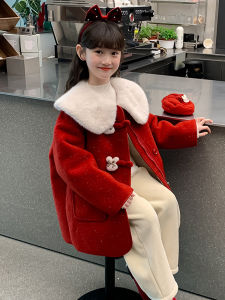 Girls Fleece Lined Thick Woolen Coat New Year Visit Clothes Winter Outwear Korean Style Long Sleeve Warmth Guaranteed