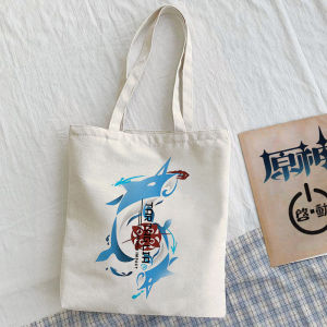 อะนิเมะวันหยุดสุดสัปดาห์ Genshin Impact ผ้าใบกระเป๋าช้อปปิ้งซิปปิดสไตล์ลําลอง Tote กระเป๋าสําหรับเยาวชนพร้อมสายสะพายไหล่ Double Root