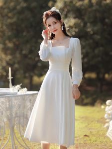 Elegant White Long Sleeve Hepburn Style Womens Dress Formal Registration Ceremony Midi Dress Korean Style Commute Dress