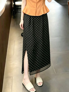 Polka Dots A-Line Midi Skirt High Waist Lace-Up Forked Black