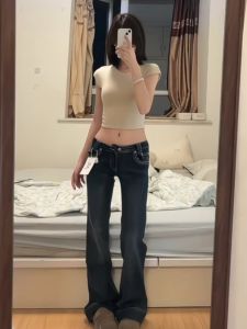 Quần Jeans Ống Loe Phong Cách Mỹ Cổ Điển Cạp Lửng Cho Nữ Quần Dài Dài Đến Sàn Co Giãn Ôm Dáng Quần Ống Loe Thường Ngày
