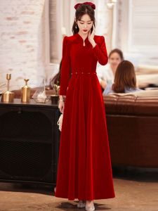 Elegant Red Wedding Dress Chinese Style Cheongsam Engagement Dress Long Sleeve A-Line Skirt for Bride to Be Party KTV