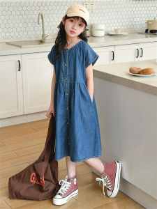 Girls Summer Single Button Denim Dress Thin Skirt Short Sleeve New 2024 Seasonal Clothing for Junior High School Students