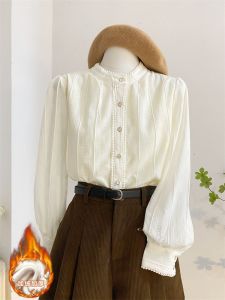 Ren Áo Dài Tay Lông Cừu Lót Dày Dặn Cổ Đứng Áo Sơ Mi Nữ Mùa Thu Mùa Đông Ấm Áp Áo Sơ Mi Cơ Sở Mặc Bên Trong Cá Tính Áo Đào