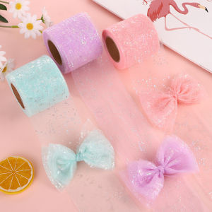 วัสดุเครื่องประดับผม25หลา/DIY 6ซม. อุปกรณ์เสริมบรรจุภัณฑ์ดอกไม้ติดโบว์ทำด้วยมือผ้าตาข่ายสีทองลายซิมโฟนี