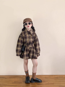 เสื้อเชิ้ตคอปกพับแขนยาวลายสก็อตสไตล์เกาหลีสำหรับเด็กผู้หญิง ชุดกระโปรงสั้นลายดอกไม้ ชุดแฟชั่นฤดูใบไม้ร่วง 2025